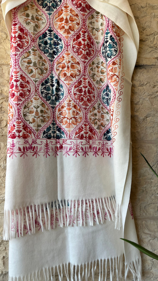 White Embroidered Wool Shawl from Jerusalem