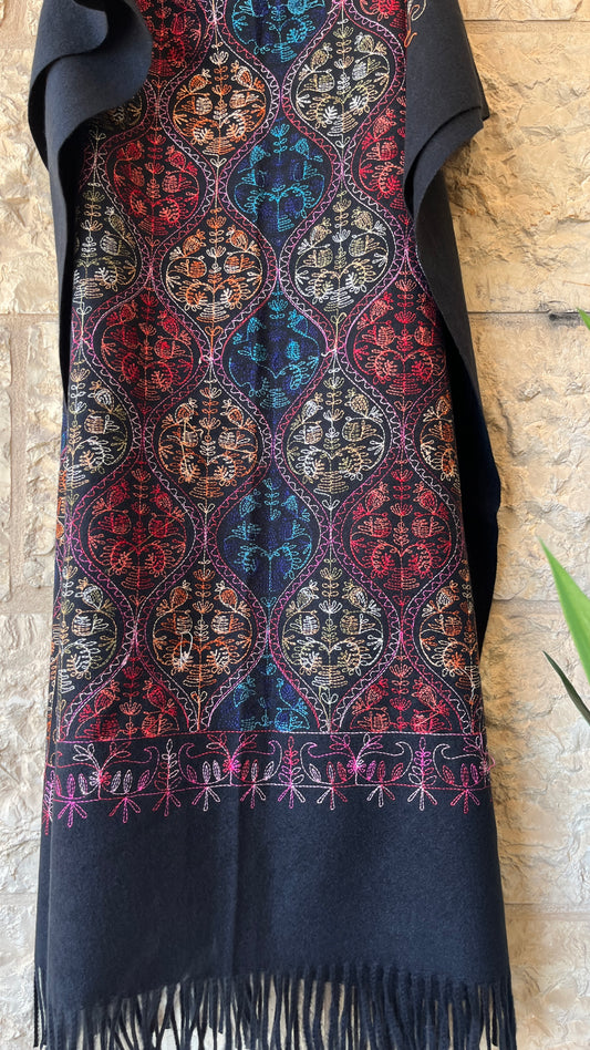 Black Embroidered Wool Shawl from Jerusalem