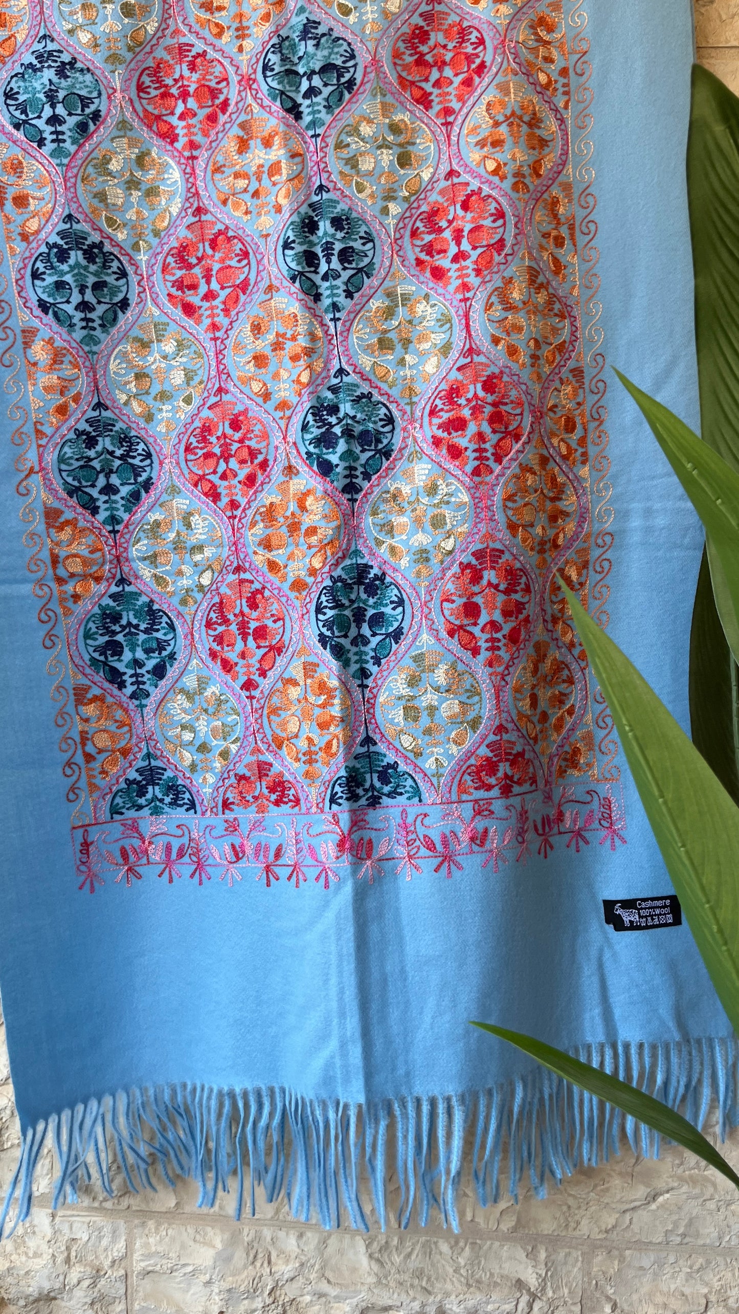 Sky Blue Embroidered Wool Shawl from Jerusalem