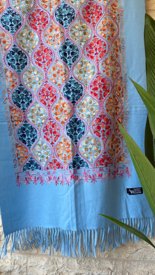 Sky Blue Embroidered Wool Shawl from Jerusalem